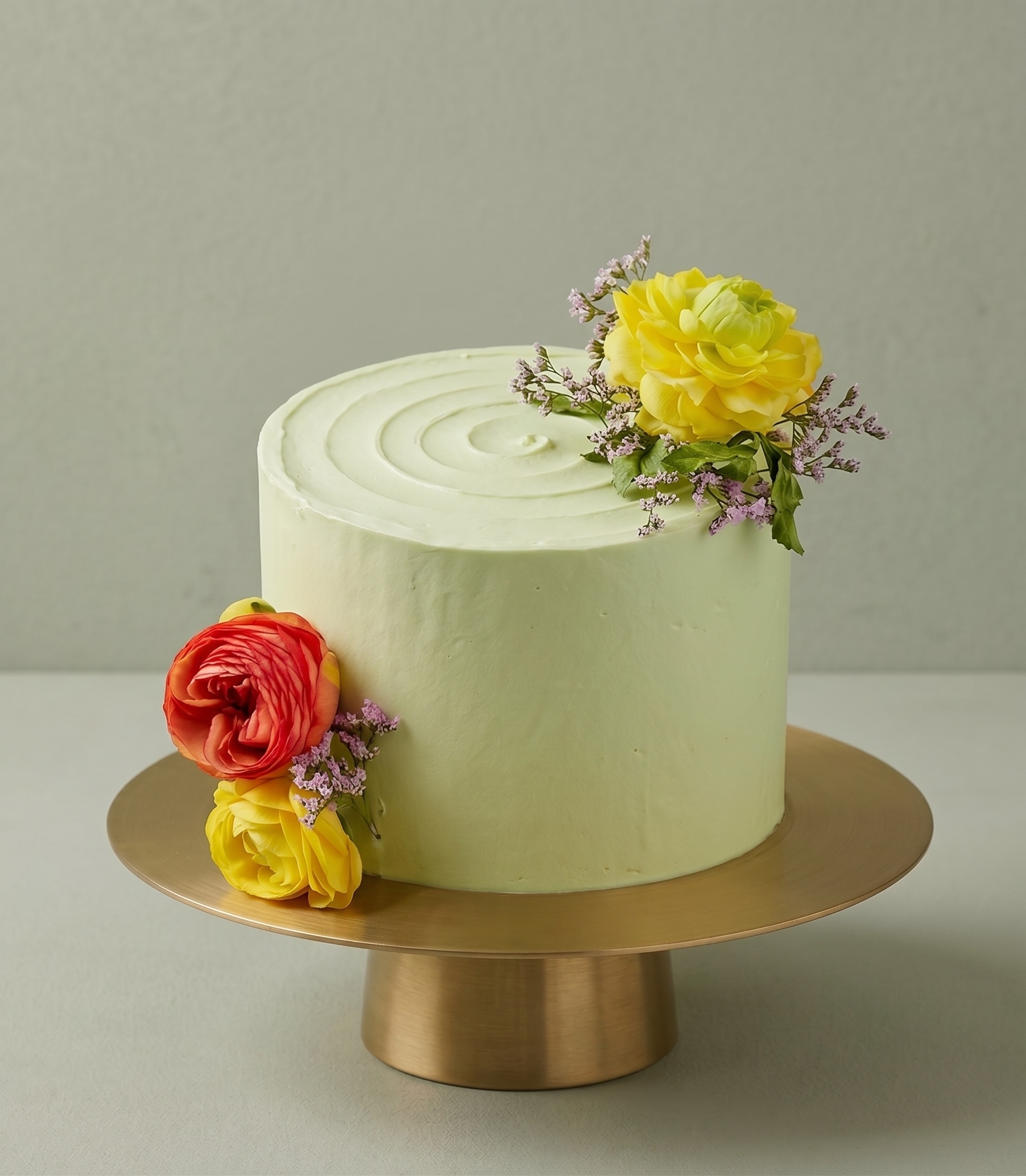 Gâteau vert menthe avec fleurs jaunes et orangées — Naby Pâtisserie